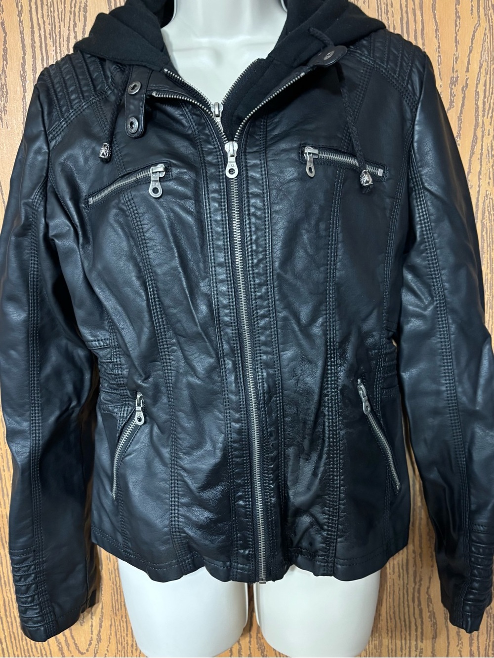 Black Women's Faux Leather Hooded Jacket